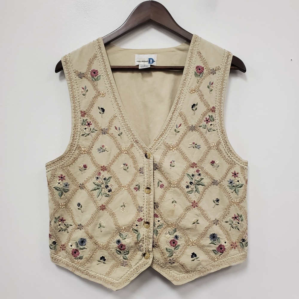Paul Harris Vintage Cottagecore V Neck Embroidered Floral Vest Ivory Size M